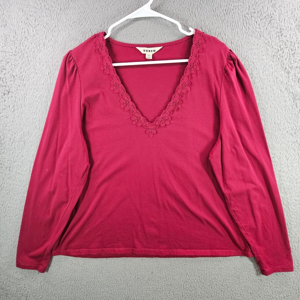 Boden Womens Red Cotton Crochet Lace V-Neck Long Sleeve Top Size US 20-22